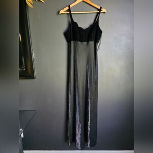 Vtg 90s Y2K Dress 7/8 Satin Velvet Black Silver Empire Waist Goth Prom Hoco